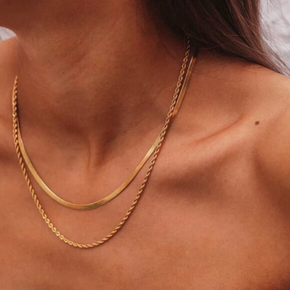 18k Gold Snake Chain & Rope Chain Layered Necklace Minimalist Layer Necklace - Picture 6 of 6
